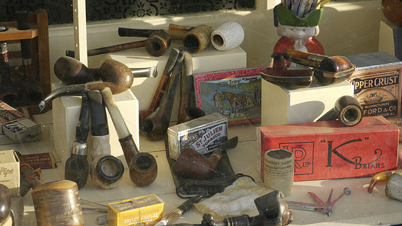 Window display detail at Preedy's tobacconist shop, Oldbury Buil