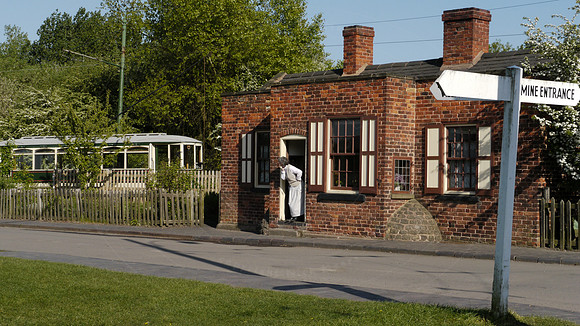 Tram passing the Toll House, at the Black Country Living Museum,